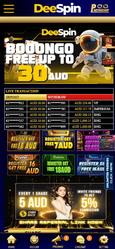 Deespin Casino home screen on a mobile device
