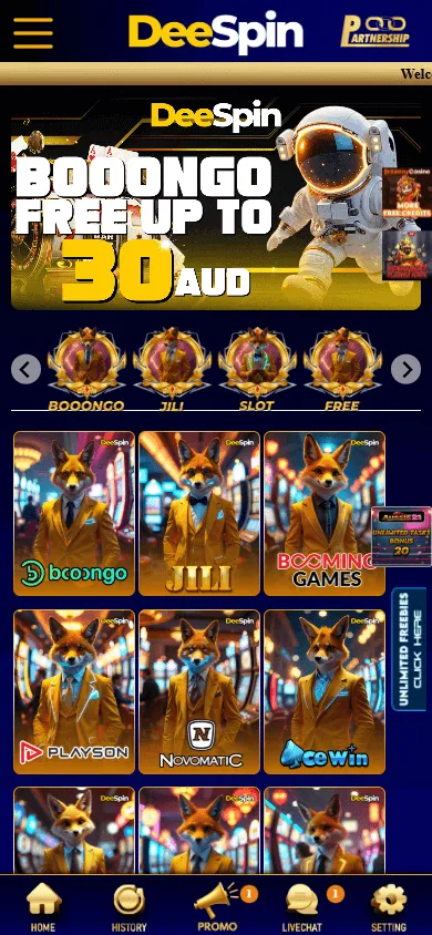 Deespin Casino games area on a mobile device with game search