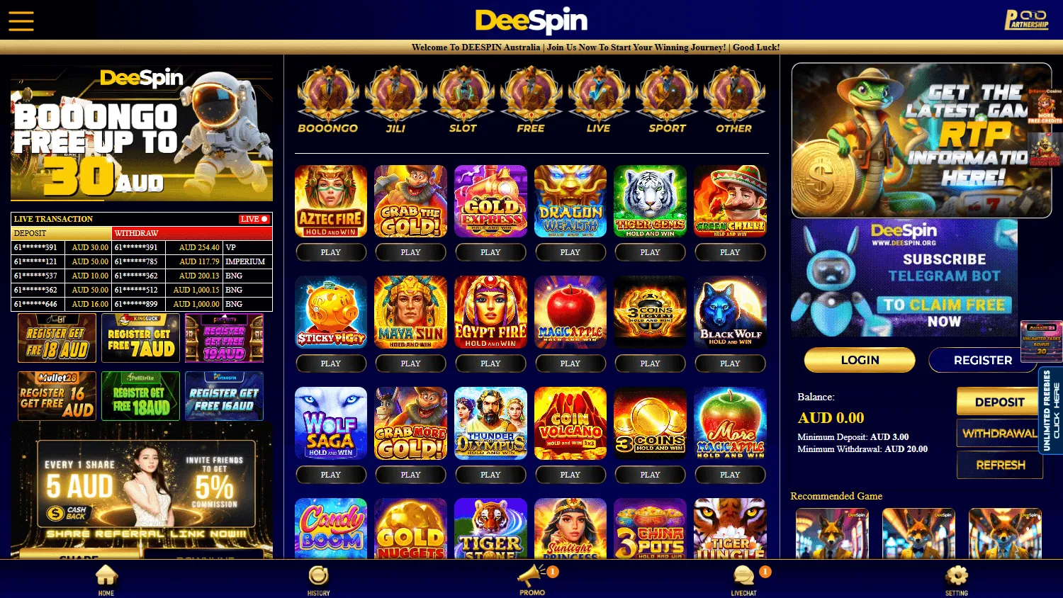 Deespin Casino home screen on desktop with Australian casino offers