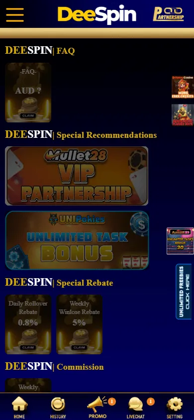 Deespin Casino promotions area on a mobile device