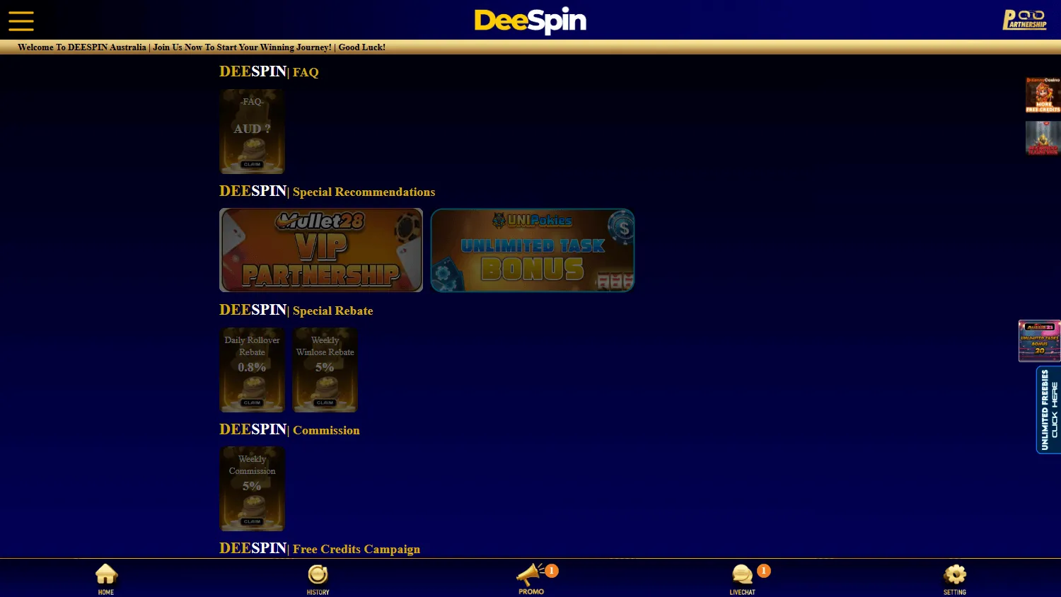Deespin Casino promotions area on desktop with free spins and promotional offers