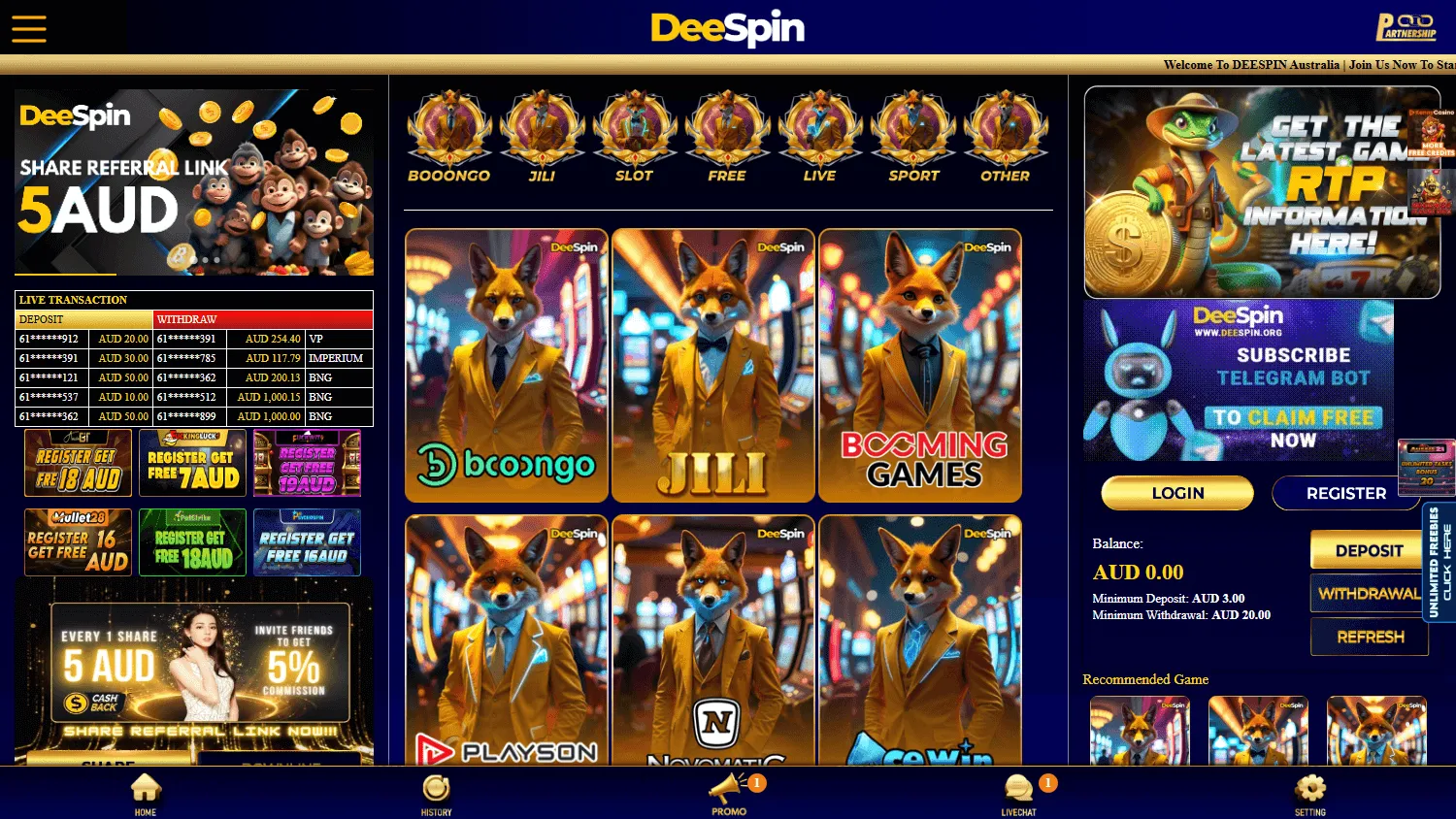 Deespin Casino games area on desktop with casino categories and titles
